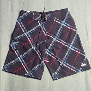 Quiksilver Boys Plaid Board Shorts Size 8 Swim Trunks Black Blue Red 2540565059